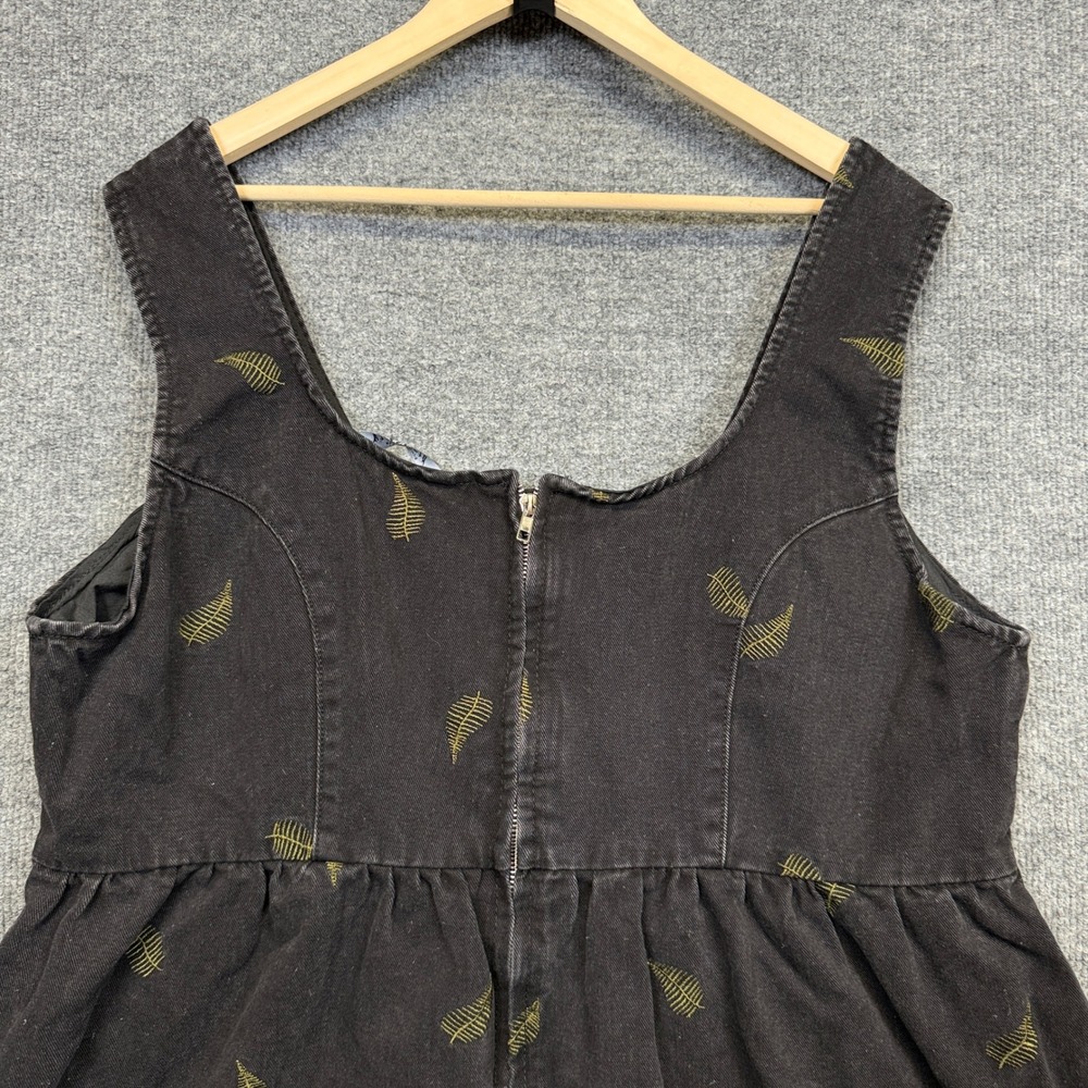 Disturbia Sz 16 Midi Pinafore Dress Black Cotton Blend Osmunda Fern Embroidered - Picture 9 of 12
